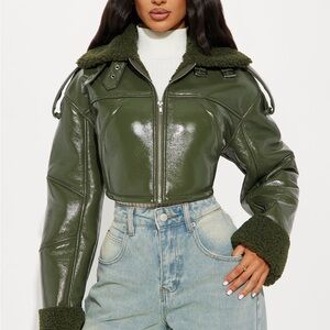 Bad Influence Faux Leather Cropped Jacket - Olive
L